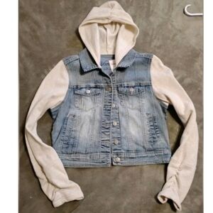 Vanity Stretch Denim Blue Jean Jacket Hooded Beige Fleece Hoodie L $55 NWT